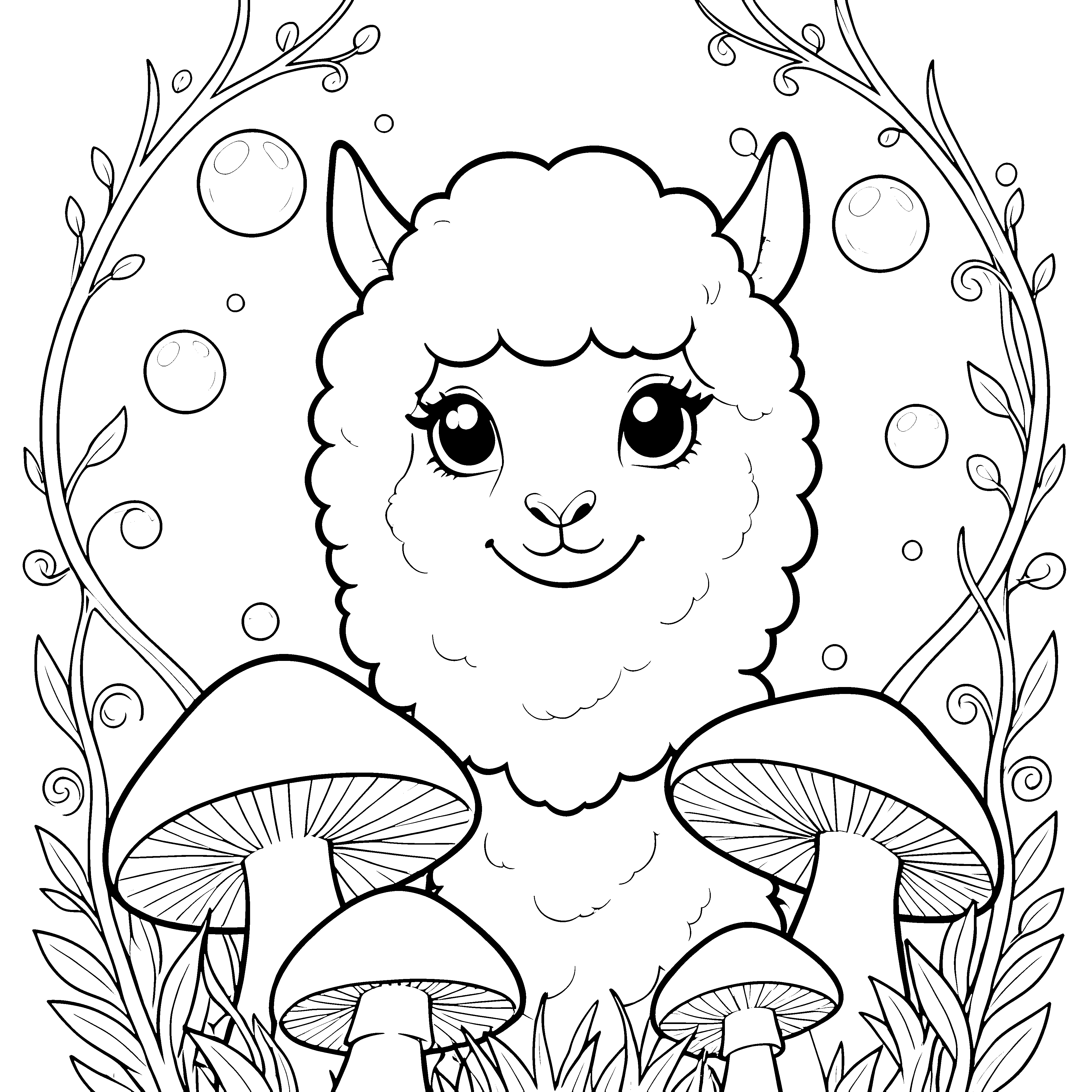Heiteres Lama mit Pilzen Ausmalbild für kleine Waldgeister
