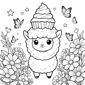 Süßes Lama mit Cupcake Malvorlage für Schmetterlingsfreunde