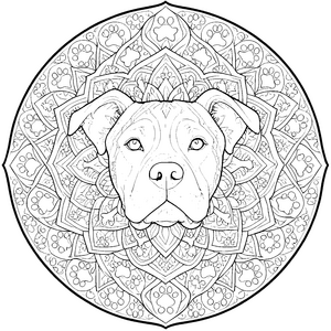 Filigranes Hundekopf-Mandala mit Pfotenabdrücken Ausmalbild für mutige Kunstbegeisterte