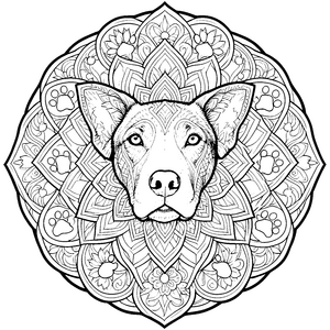 Geometrisches Hundekopf-Mandala mit Pfotenabdrücken Ausmalvorlage für malfreudige Tierliebhaber