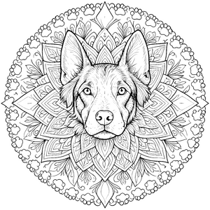 Detailreiches Hundekopf-Mandala mit Pfotenabdrücken Ausmalbild für kleine Pfotenfreunde
