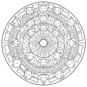 Verschiedenartiges Hundekopf-Mandala mit Knochen Ausmalvorlage für verträumte Hundefreunde