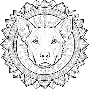 Detailreiches Hundekopf-Mandala mit Blüten-Ausmalvorlage für Pfotenfreunde