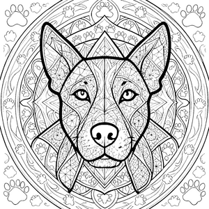 Symmetrisches Hundekopf-Mandala mit Pfotenabdrücken Malvorlage für malfreudige Hundefreunde