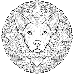 Verschnörkeltes Hundekopf-Mandala mit Blüten Ausmalbild für mutige Blumenkinder