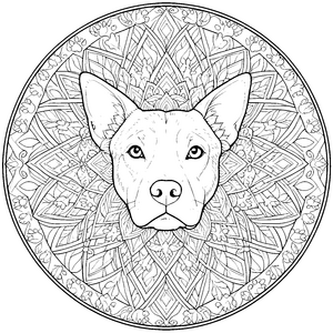Filigranes Hundekopf-Mandala mit Blättern Ausmalbild für verträumte Naturfreunde