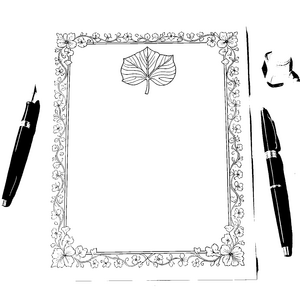 Verschnörkeltes Briefpapier mit Blatt und Feder Bastelvorlage für kleine Tintenfreunde
