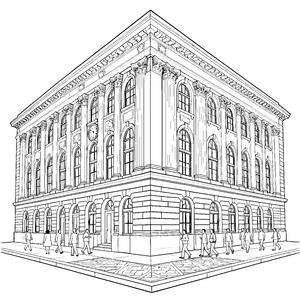 Eindrucksvolle Bank mit Uhr Ausmalbild für kreative Stadtbewohner