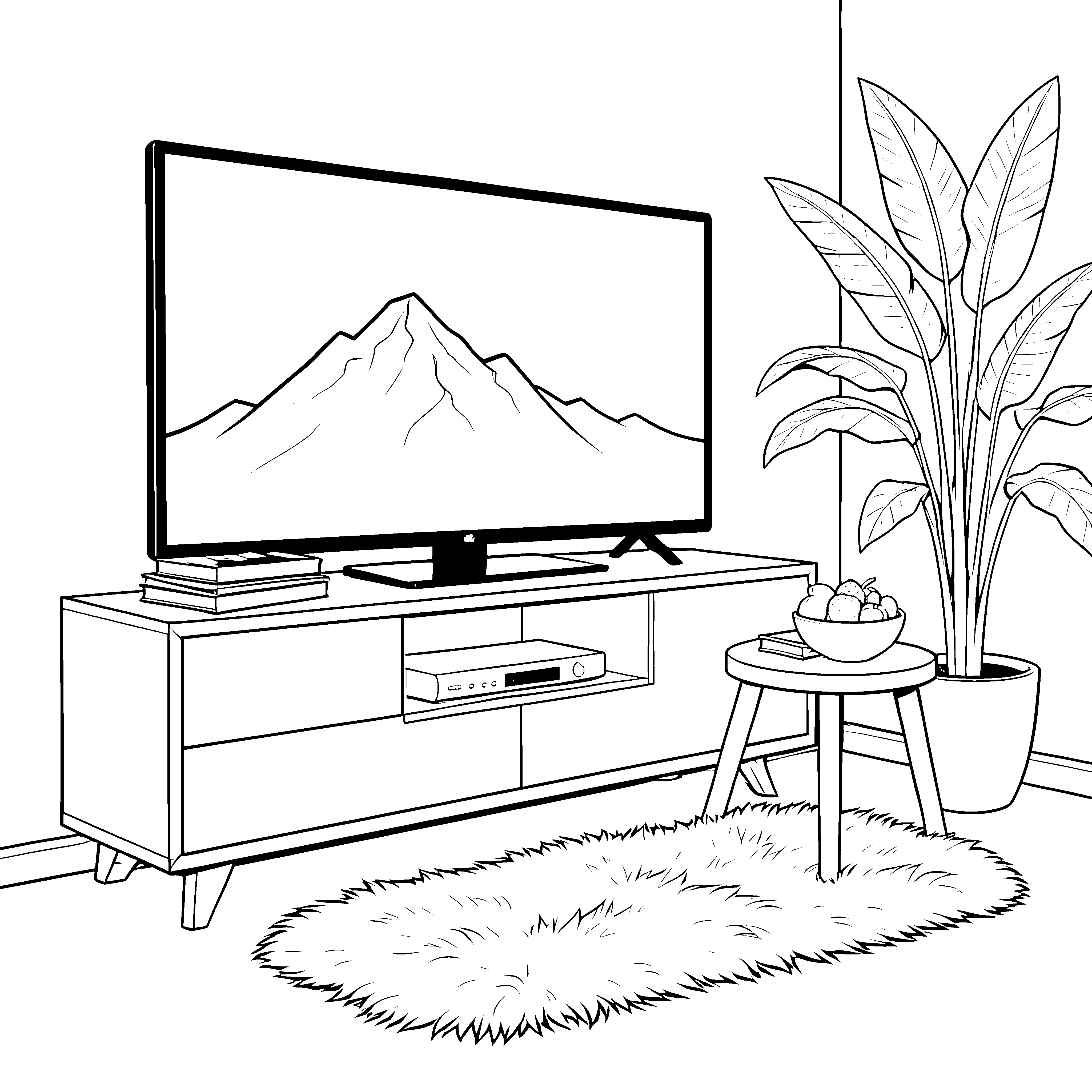 Gemütlicher Fernseher mit Berglandschaft Ausmalvorlage für Wohnzimmerfreunde