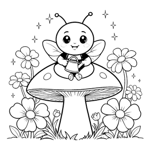 Fröhliche Kawaii-Biene mit Gießkanne Malvorlage für junge Pflanzenfreunde