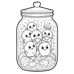 Niedliche Kawaii-Cookies im Glas Malvorlage für kleine Naschfreunde