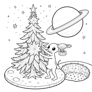 Sympathischer Alien am Weihnachtsbaum Malvorlage für kleine Weltraumfreunde