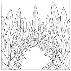 Geometrische Kristallwelt mit Steinbrücke Ausmalvorlage für mutige Brückenbauer