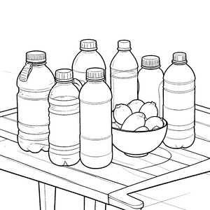 Verschiedene Wasserflaschen mit Obstschale Malvorlage für Trinkfreunde