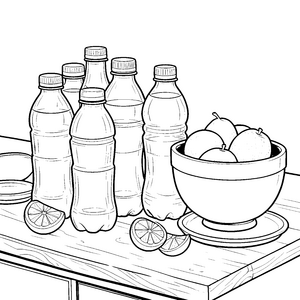 Erfrischende Wasserflaschen mit Obstschale Ausmalvorlage für verträumte Vitaminfreunde