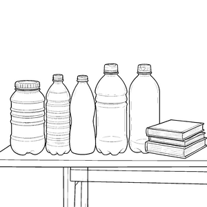 Vielfältige Wasserflaschen mit Bücherstapel Bastelvorlage für neugierige Lesefreunde