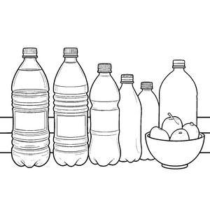 Bunte Wasserflaschen mit Obstschale Bastelmotiv für kreative Durstlöscher