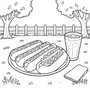 Vier Hotdogs mit Zwiebeln Ausmalbild für fröhliche Picknickfreunde