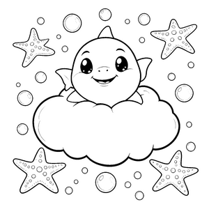 Verspielter Kawaii-Hai mit Seesternen-Ausmalbild für neugierige Meeresforscher