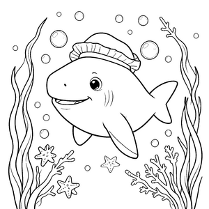 Niedlicher Kawaii-Hai mit Hut Malvorlage für verträumte Unterwasserfreunde