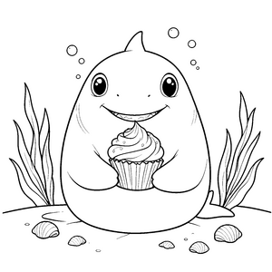 Fröhlicher Kawaii-Hai mit Cupcake Malbild für Unterwasserfreunde