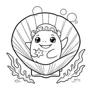 Niedlicher Kawaii-Hai in der Muschel Ausmalbild für junge Meeresbewohner