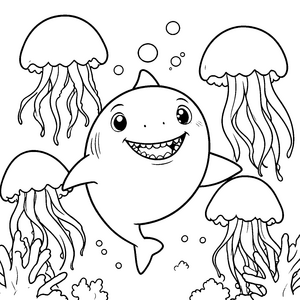 Lächelnder Kawaii-Hai mit Quallen Ausmalvorlage für kleine Korallenfreunde