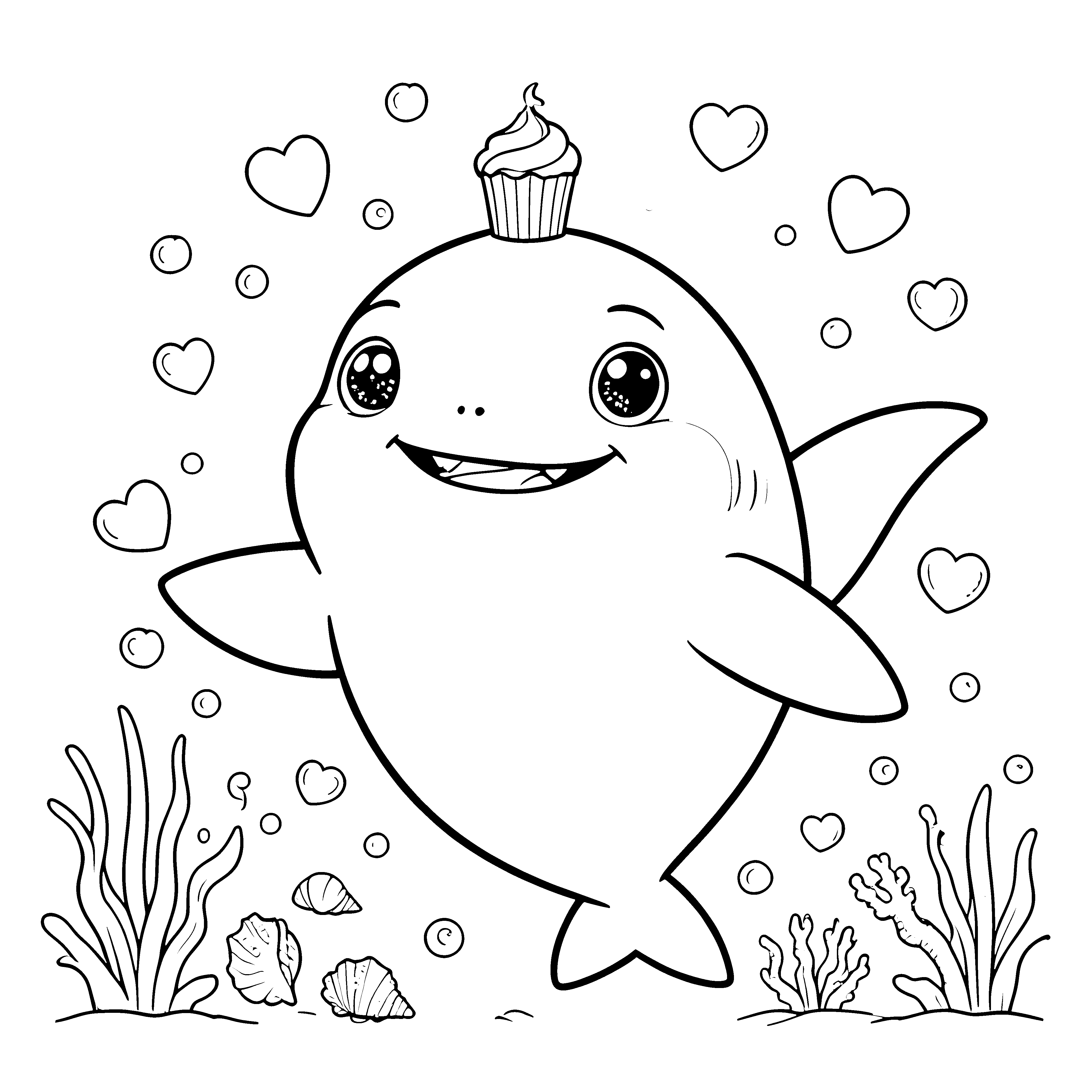 Süßer Kawaii-Hai mit Cupcake-Malbild für neugierige Meeresbewohner