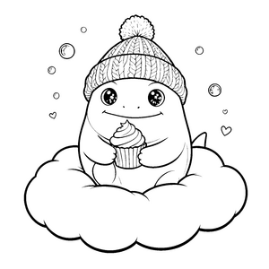 Verspielter Kawaii-Hai mit Mütze und Cupcake Malvorlage für Wolkenträumer