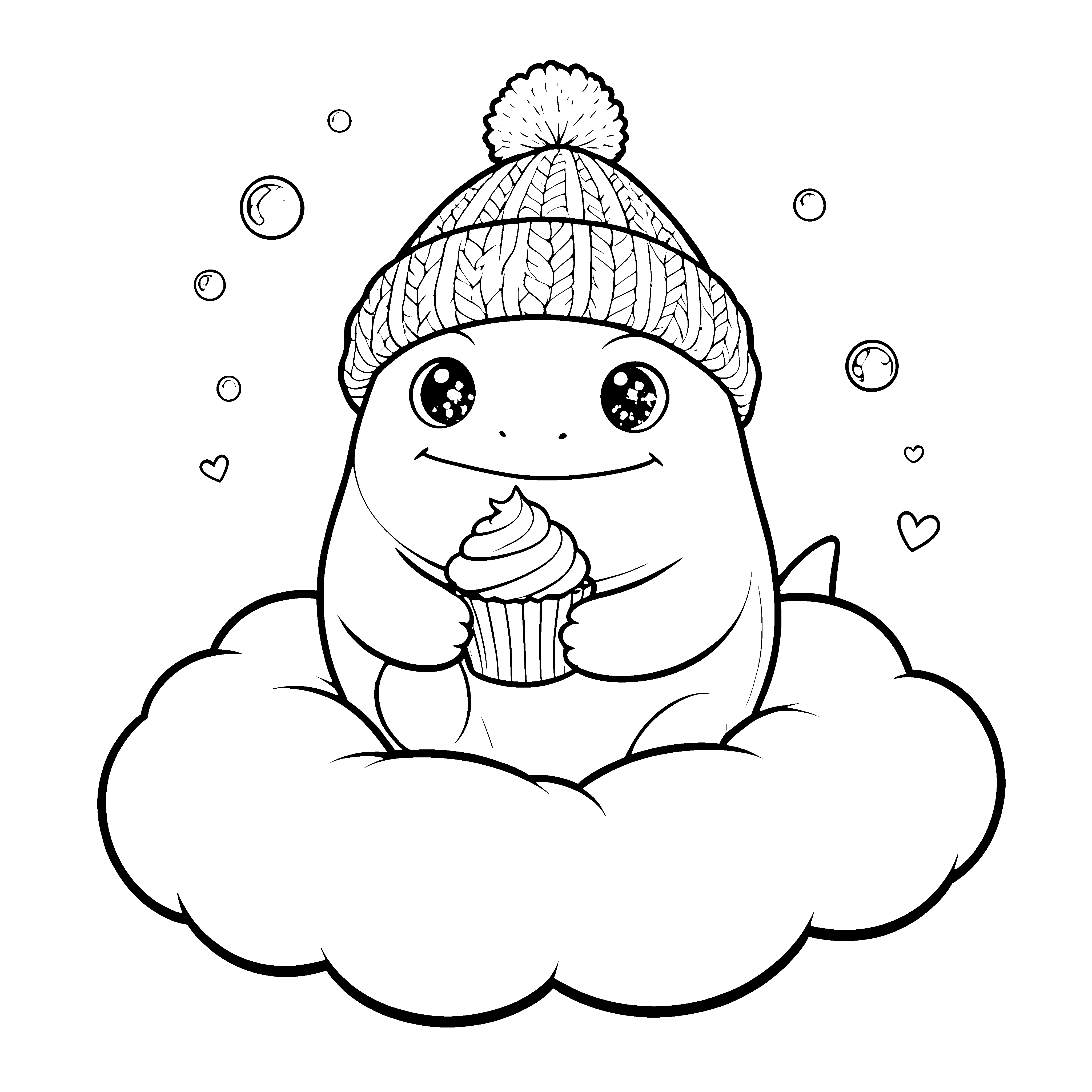 Verspielter Kawaii-Hai mit Mütze und Cupcake Malvorlage für Wolkenträumer