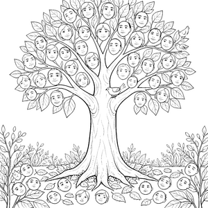 Wundervoller Gesichterbaum mit Vögeln Ausmalbild für malfreudige Waldgeister
