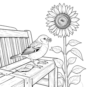 Lieber Spatz an Sonnenblume Ausmalbild für fröhliche Blumenfreunde