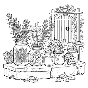 Idyllische Kräuter im Glas Malvorlage für fröhliche Gartenfreunde