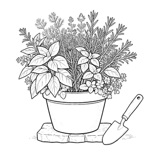 Wüchsige Kräuter im Topf Malvorlage für kleine Gartenhelfer