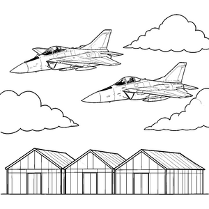 Imposante Kampfjets über Hangars Bastelvorlage für kreative Hangarfreunde