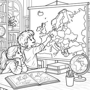 Begeisterte Kinder mit Europa-Landkarte Ausmalbild für verträumte Kartenfans