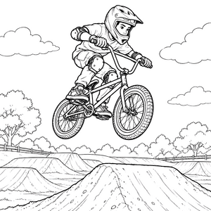 Spektakulärer BMX-Springer über Erdhügeln Malvorlage für verträumte Luftakrobaten