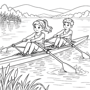 Heiteres Ruderduett auf dem See Ausmalbild für kreative Wasserfreunde