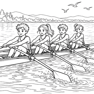 Gemeinsames Ruderboot auf dem See Ausmalbild für fröhliche Wellenreiter