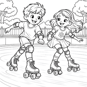 Abenteuerliche Rollschuhfreunde Ausmalbild für fröhliche Parkbesucher