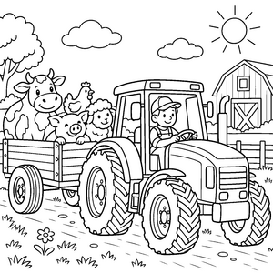 Traktor mit Tieren auf dem Bauernhof Ausmalbild