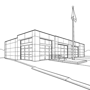 Moderne Feuerwehrwache mit Garagentoren Ausmalvorlage für Fahrzeugfreunde