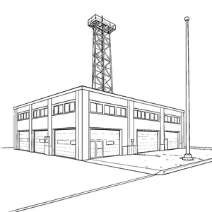 Große Feuerwehrwache mit Turm und Laterne Malbild für kleine Stadtbauer