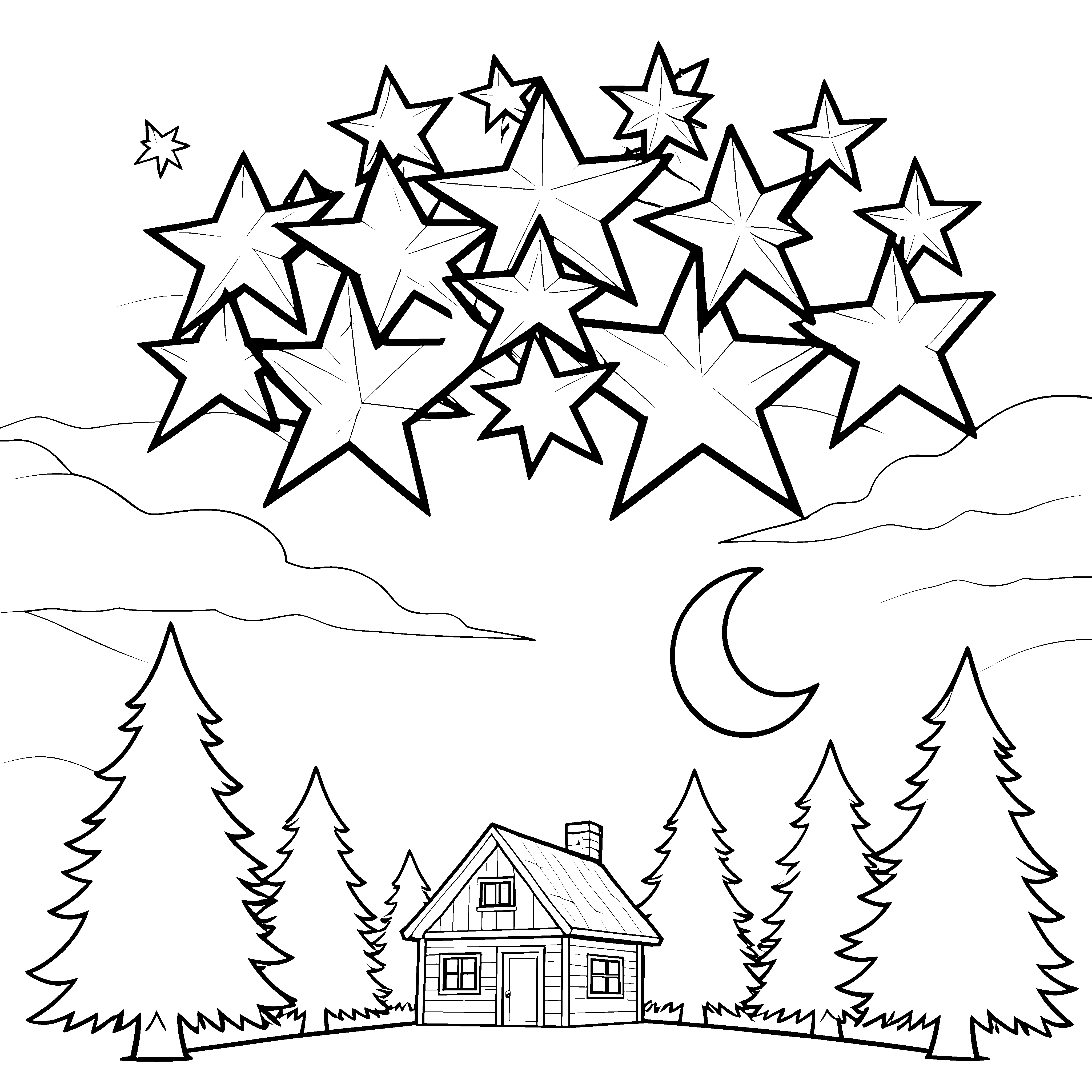 Leuchtende Sterne über Waldhütte Bastelvorlage für mutige Waldläufer