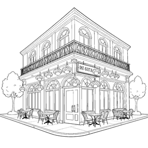 Prachtvolles Restaurant mit Balkon Ausmalvorlage für kleine Feinschmecker