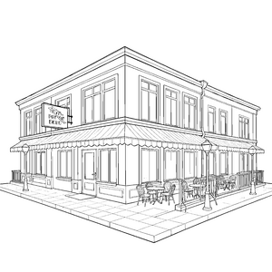 Stilvolles Restaurant mit Außenterrasse Malvorlage für neugierige Genießer