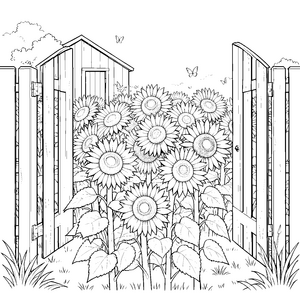 Üppige Sonnenblumen am Gartenhaus Bastelvorlage für junge Gärtner