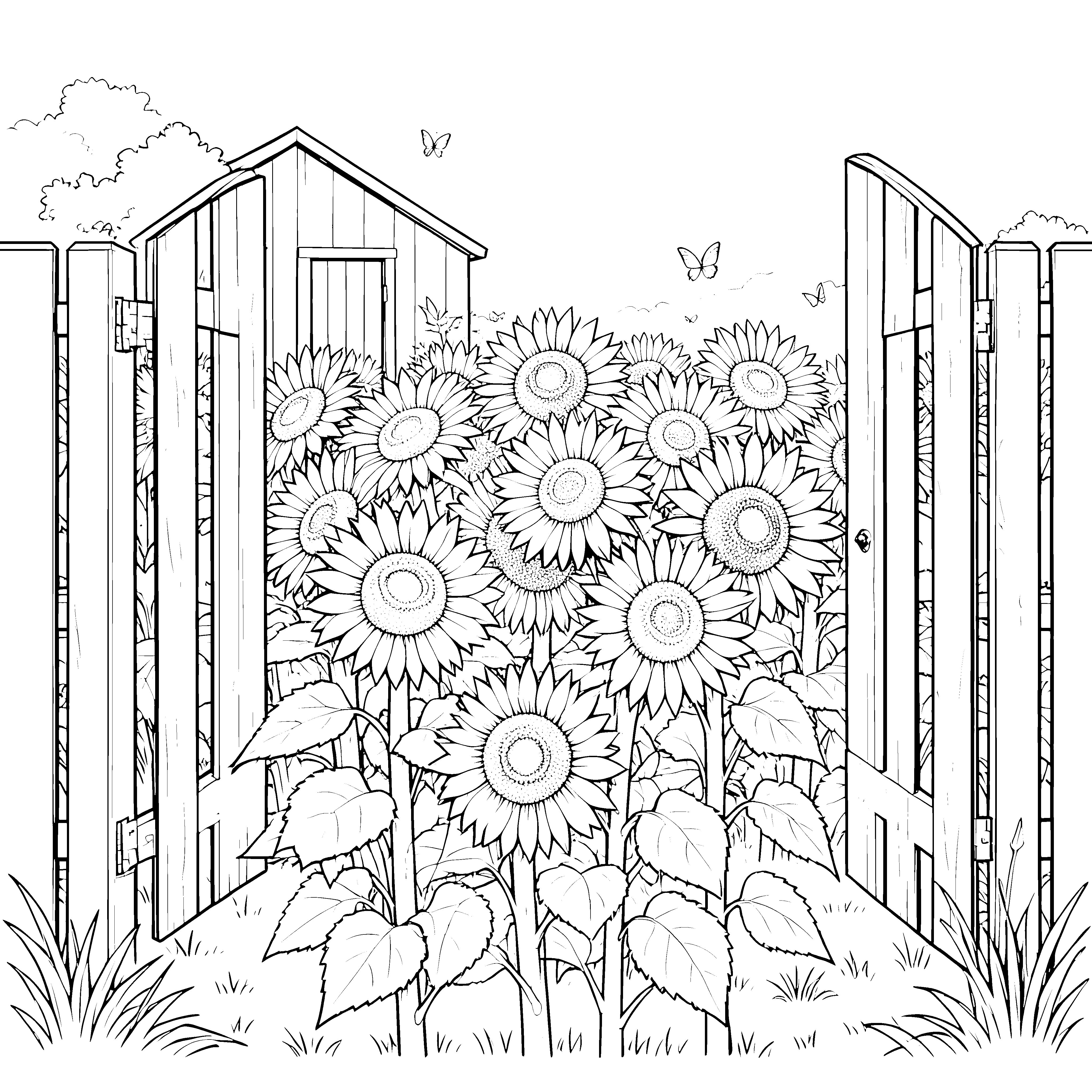 Üppige Sonnenblumen am Gartenhaus Bastelvorlage für junge Gärtner