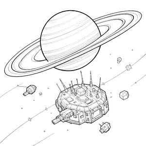 Detailreicher Saturn mit Raumstation Malvorlage für kleine Himmelskunde-Fans