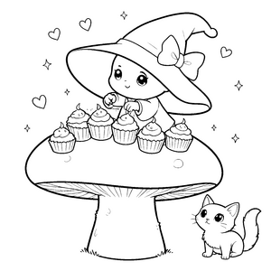 Niedliche Hexe mit Cupcakes Malvorlage für fröhliche Naschkatzen